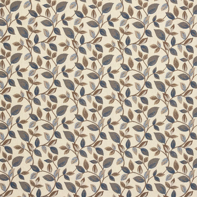 Cream ground fabric with trailing navy and taupe leaf motif