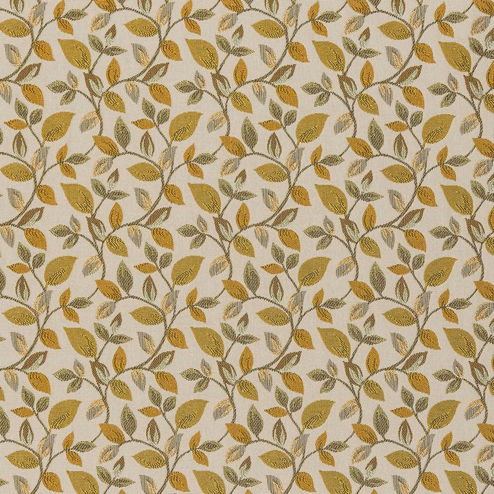 Ochre leaf trail fabric with olive stems on a pale neutral ground