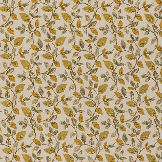Ochre leaf trail fabric with olive stems on a pale neutral ground