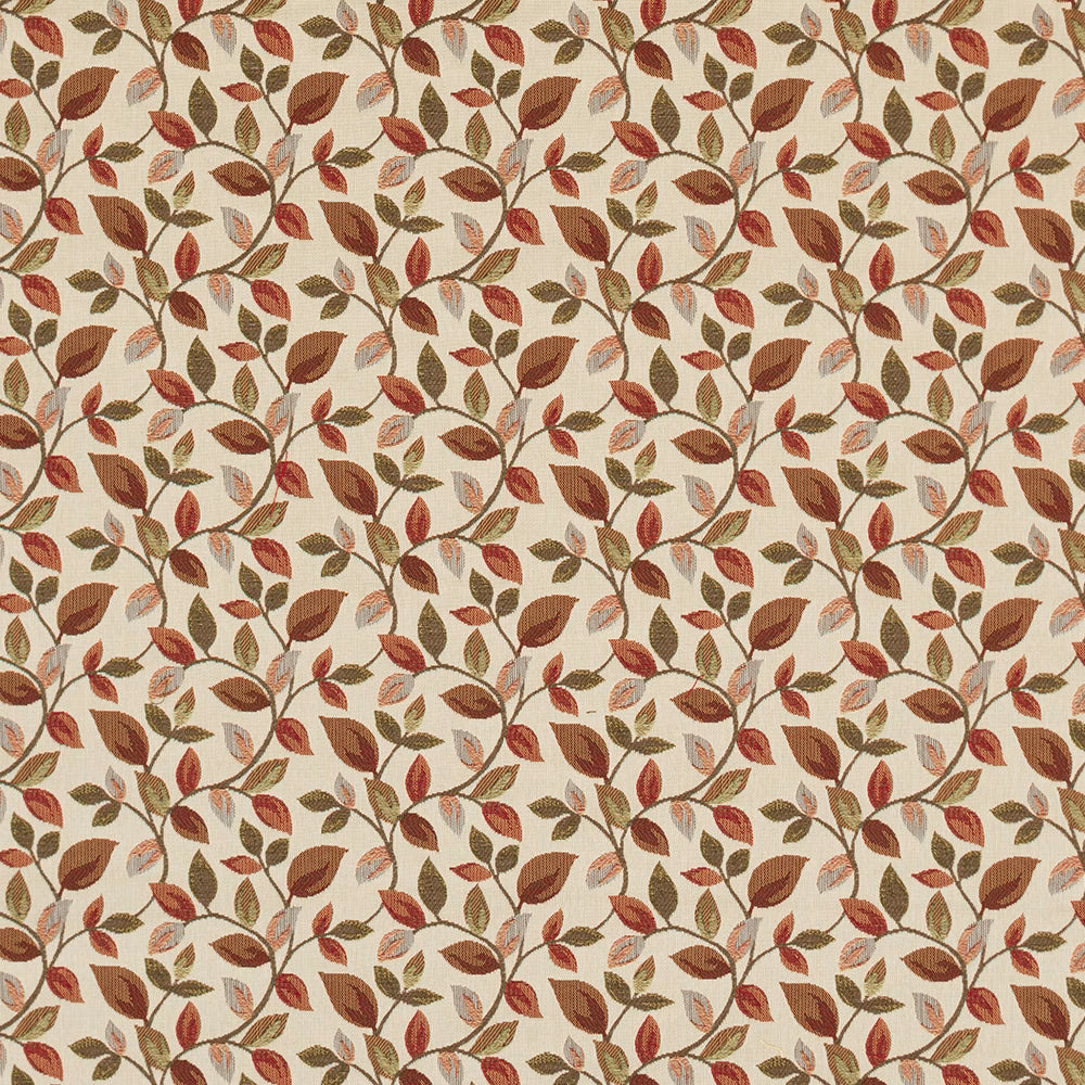 Leafy red and olive vine pattern on a cream ground, with small-scale repeat