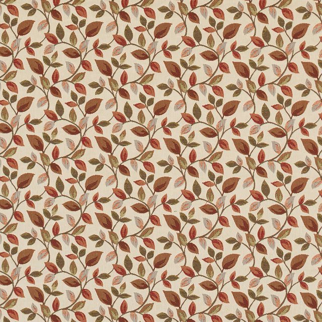 Leafy red and olive vine pattern on a cream ground, with small-scale repeat