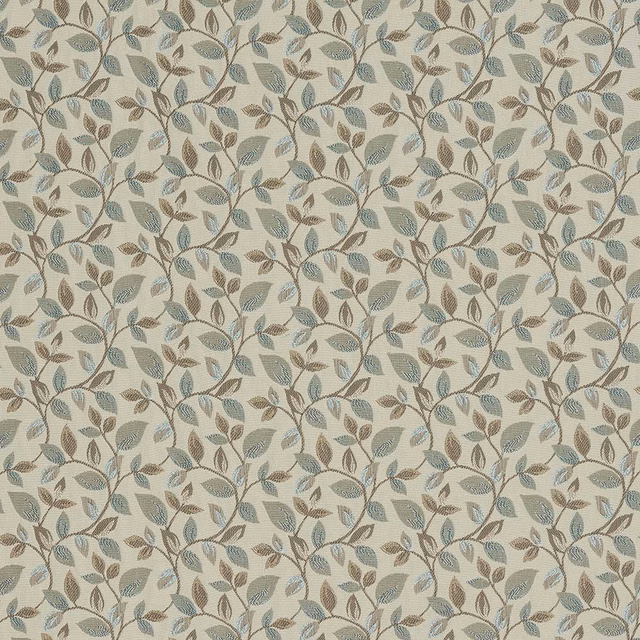 Seafoam and taupe trailing leaf botanical fabric on a pale ivory ground