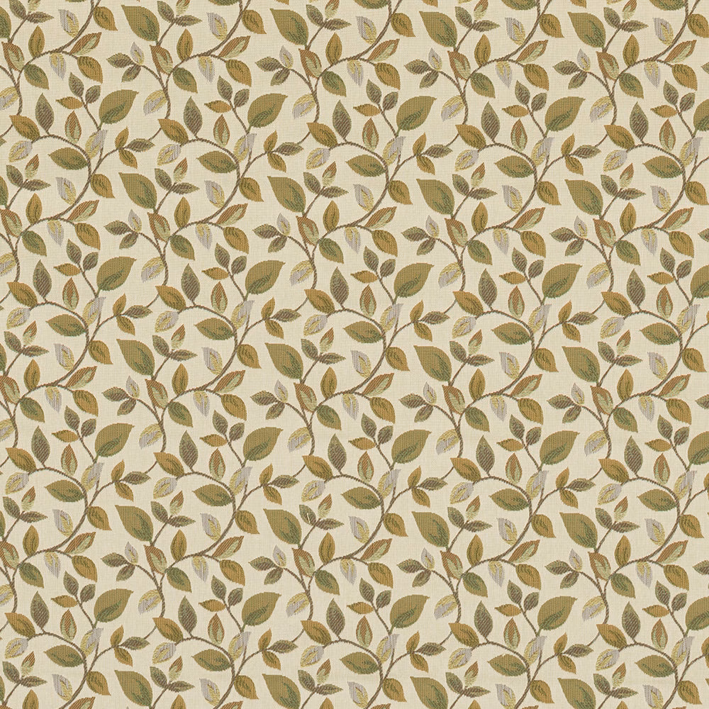 Botanical leaf trail fabric in muted verdigris green on a pale ivory ground