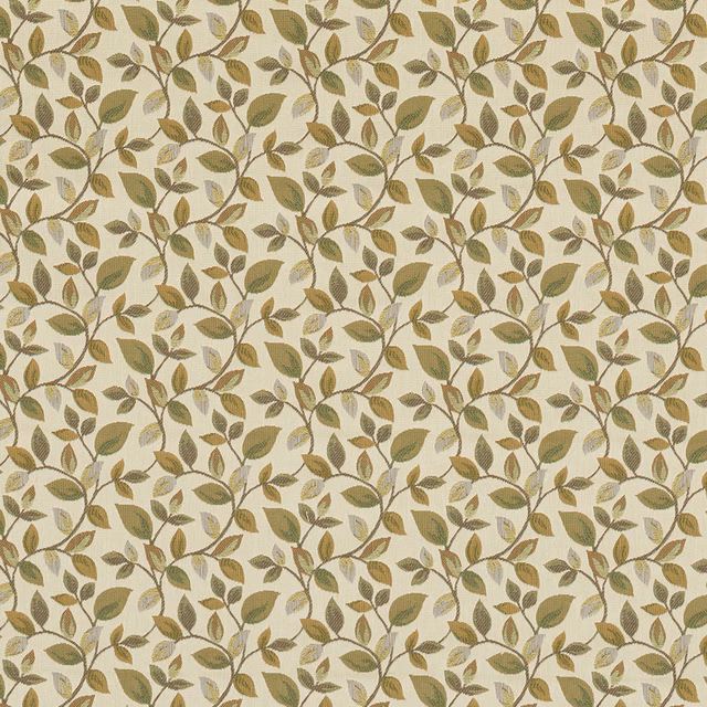 Botanical leaf trail fabric in muted verdigris green on a pale ivory ground