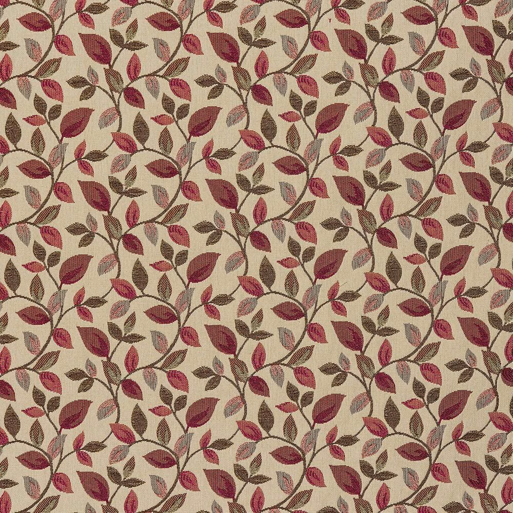 Cream ground fabric with repeating wine, pink and olive trailing leaf motif