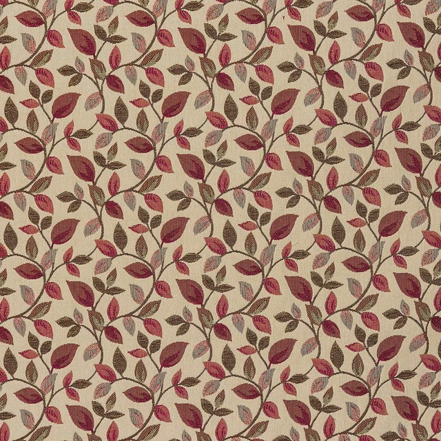 Cream ground fabric with repeating wine, pink and olive trailing leaf motif