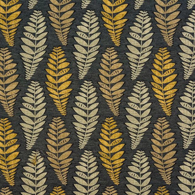 Charcoal woven fabric with repeated stylised leaf motifs in cream, tan and gold