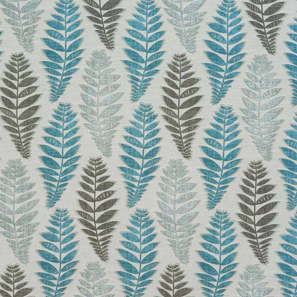 Duck-egg and sage leaf motif woven across a pale ivory fabric ground