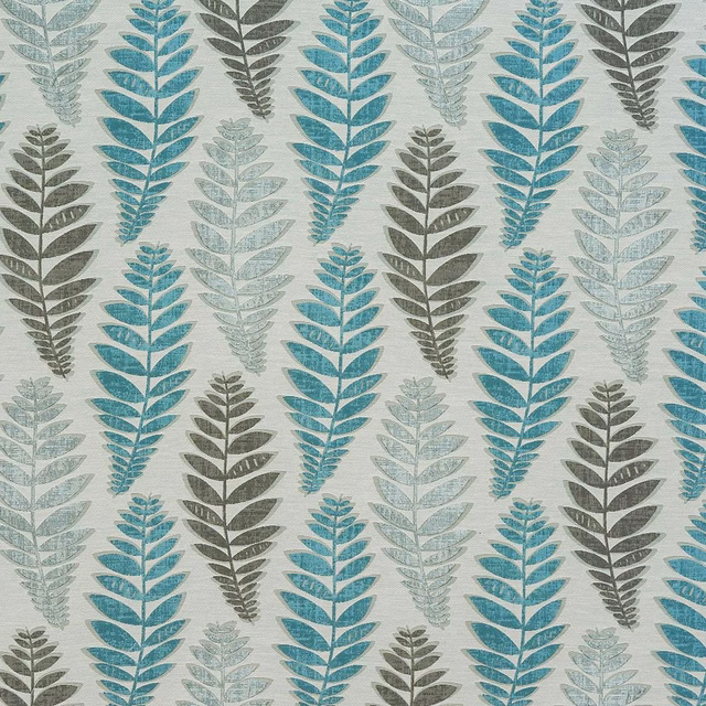 Duck-egg and sage leaf motif woven across a pale ivory fabric ground
