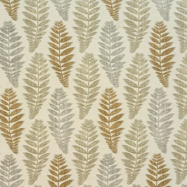 Cream ground fabric with repeated vertical leaf motifs in sage grey and muted gold