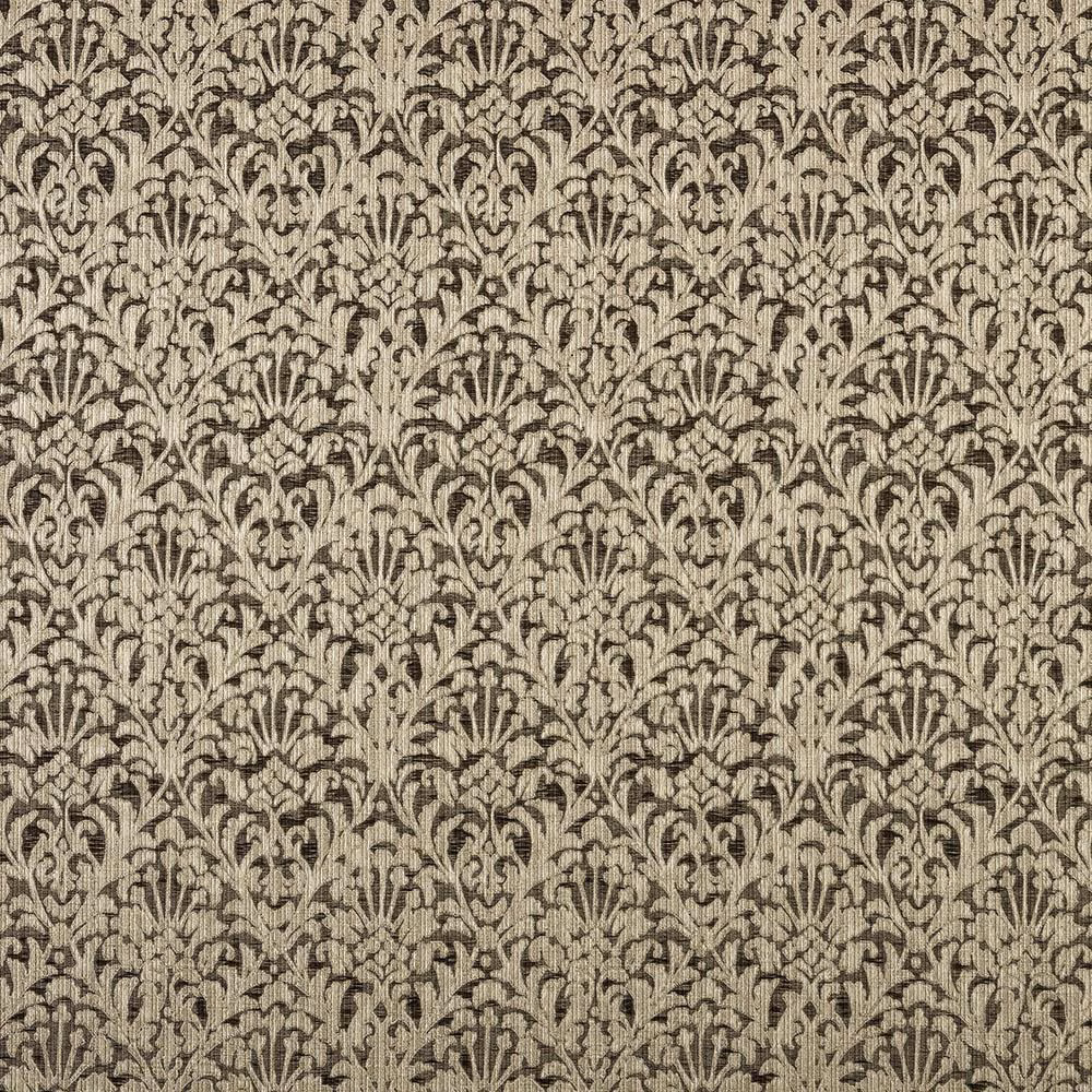 Charcoal damask fabric with a warm beige-grey ground and woven floral repeat