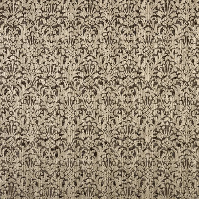 Charcoal damask fabric with a warm beige-grey ground and woven floral repeat