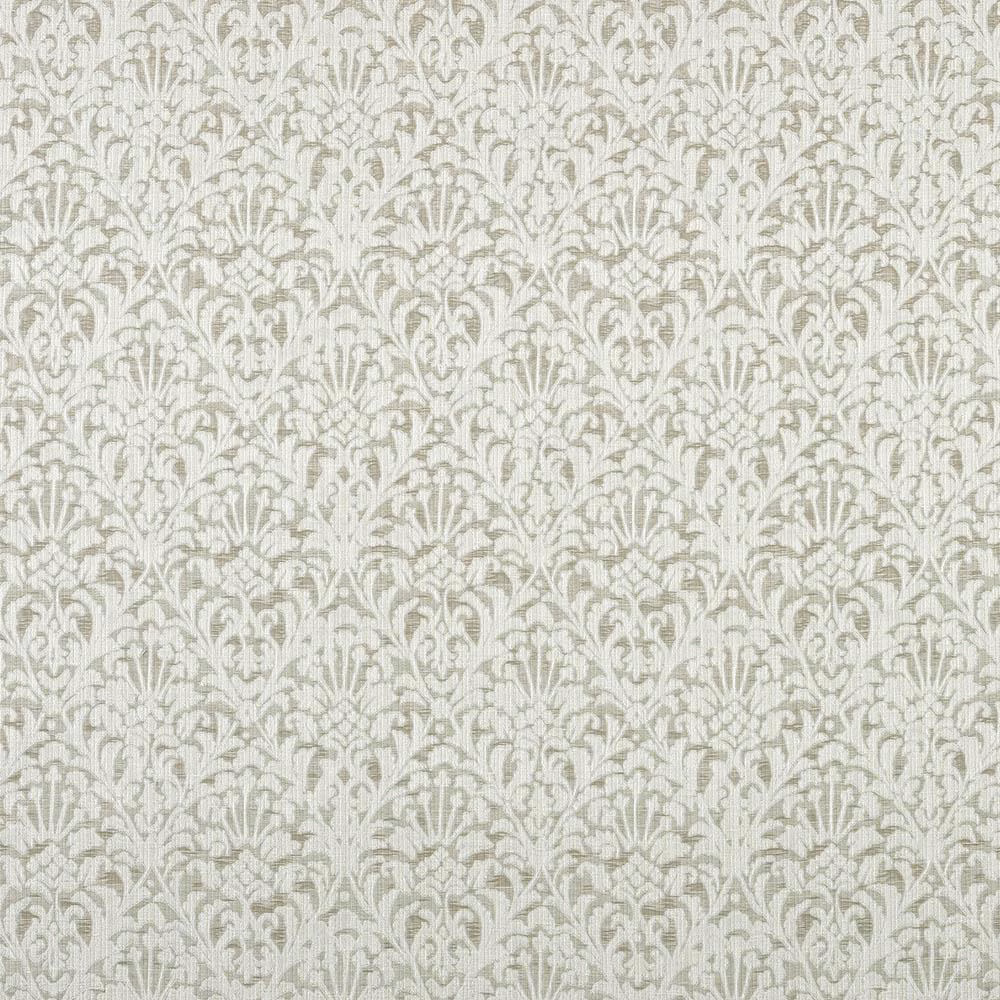 Pale dove-grey damask fabric with soft scrolling motif and subtle woven texture