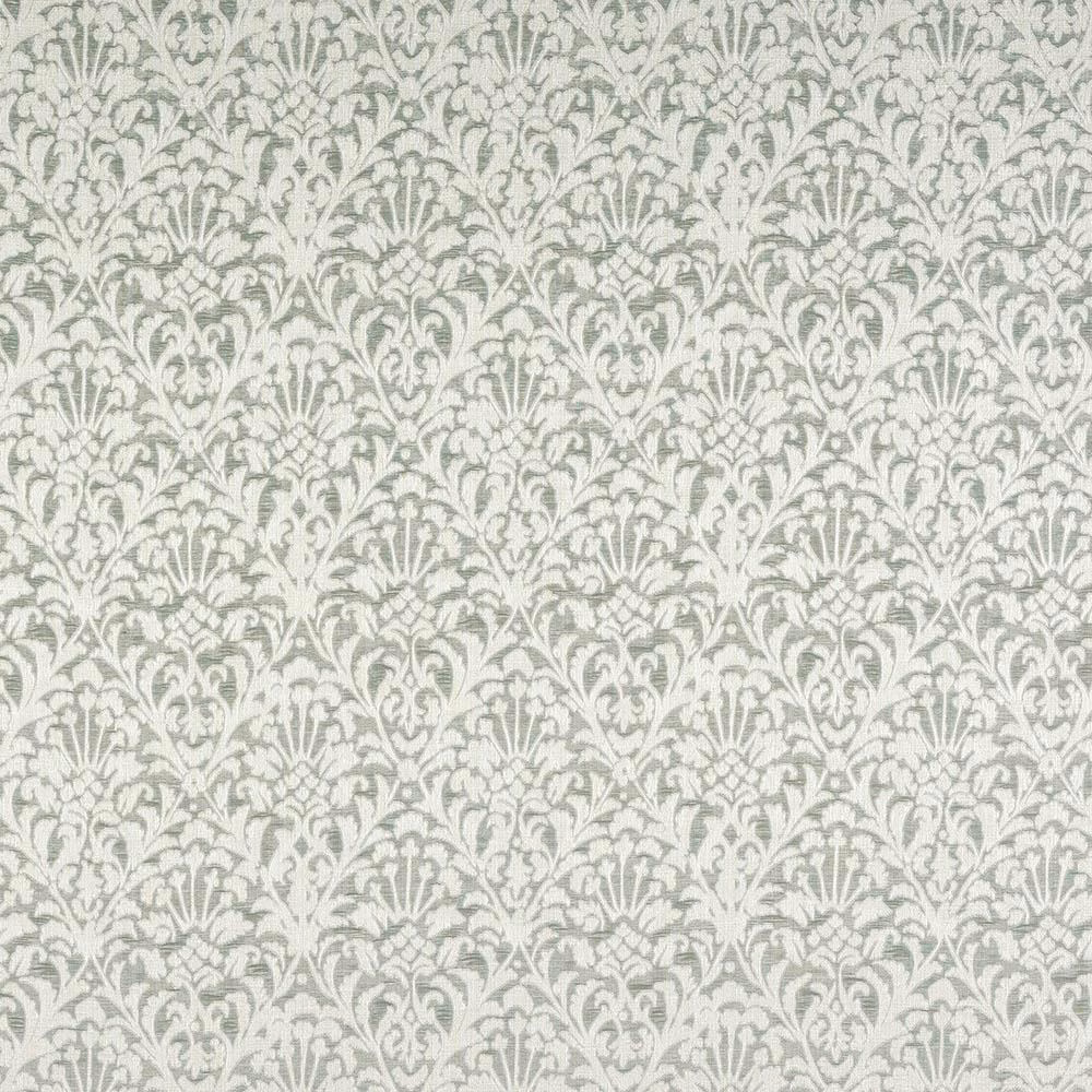 Pale duck-egg green damask fabric with soft scrolling leaf pattern