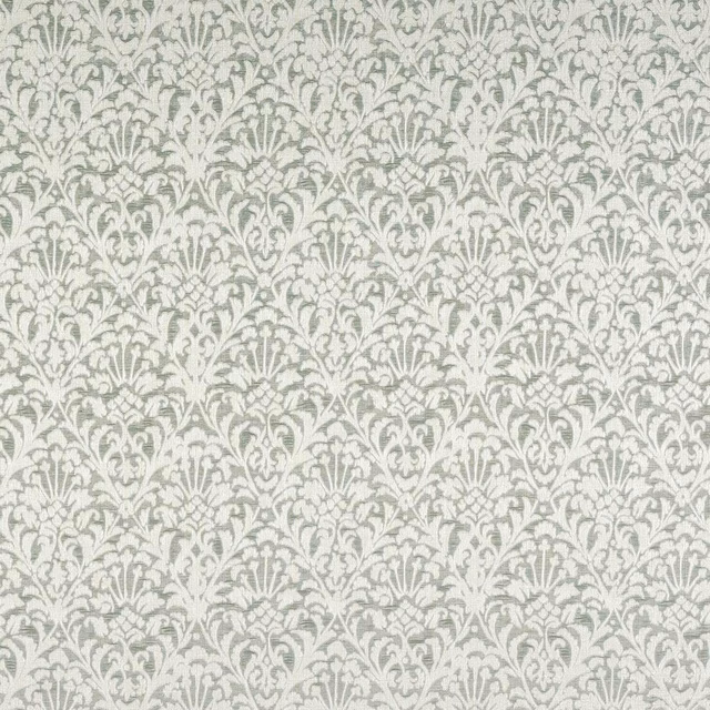 Pale duck-egg green damask fabric with soft scrolling leaf pattern