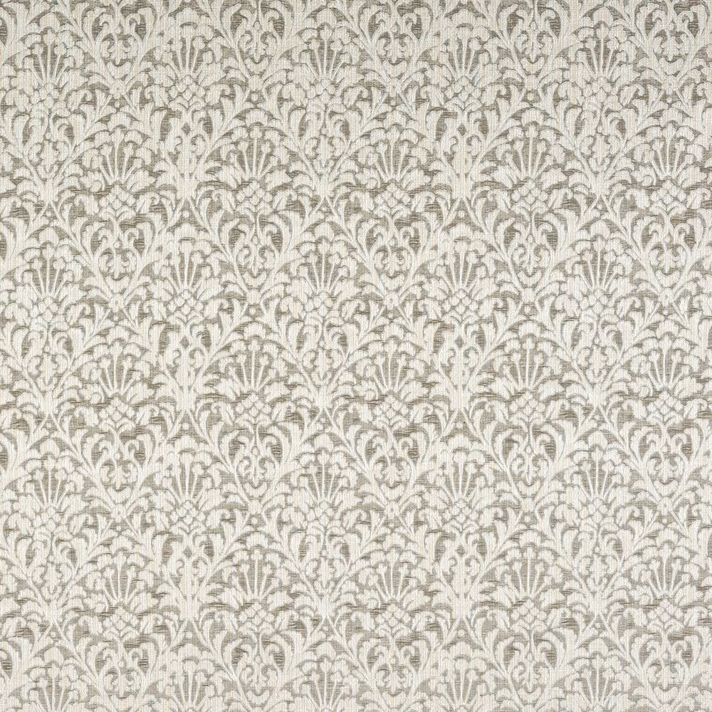 Close-up of warm mushroom beige damask fabric with small repeating scroll motif