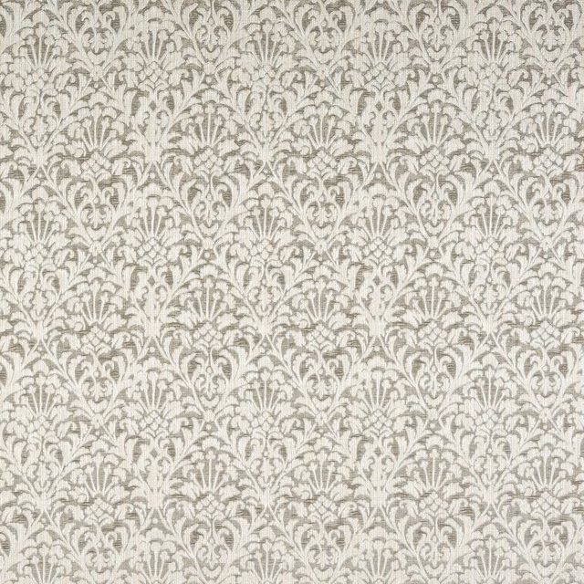 Close-up of warm mushroom beige damask fabric with small repeating scroll motif