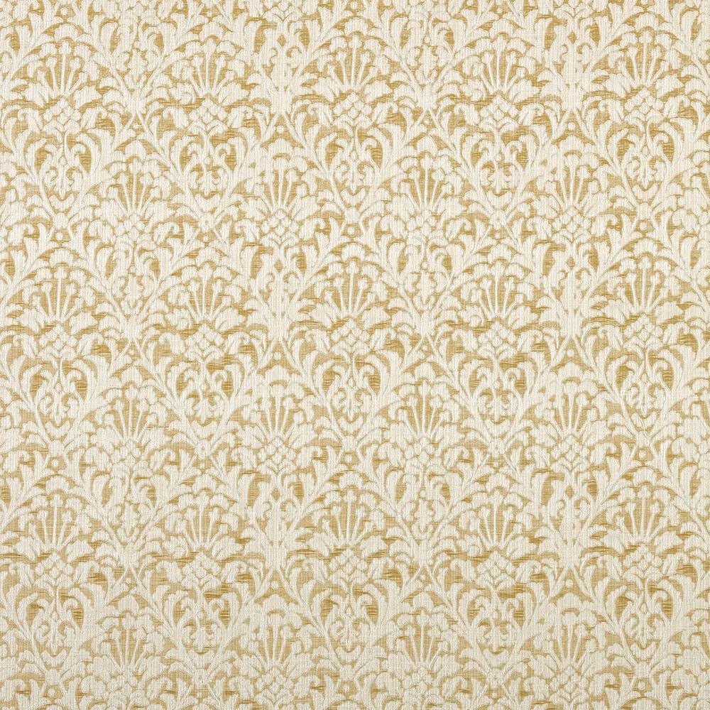 Cream and soft ochre damask fabric swatch with ornate scrolling motif