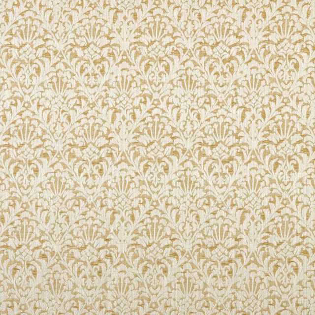 Cream and soft ochre damask fabric swatch with ornate scrolling motif