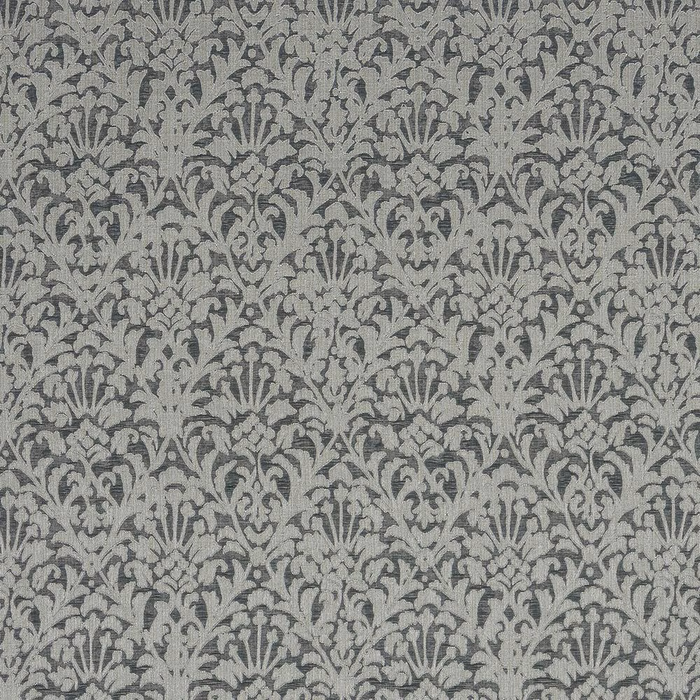Grey damask fabric swatch with a cool slate tone and softly weathered texture
