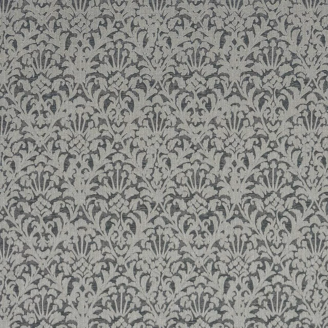Grey damask fabric swatch with a cool slate tone and softly weathered texture