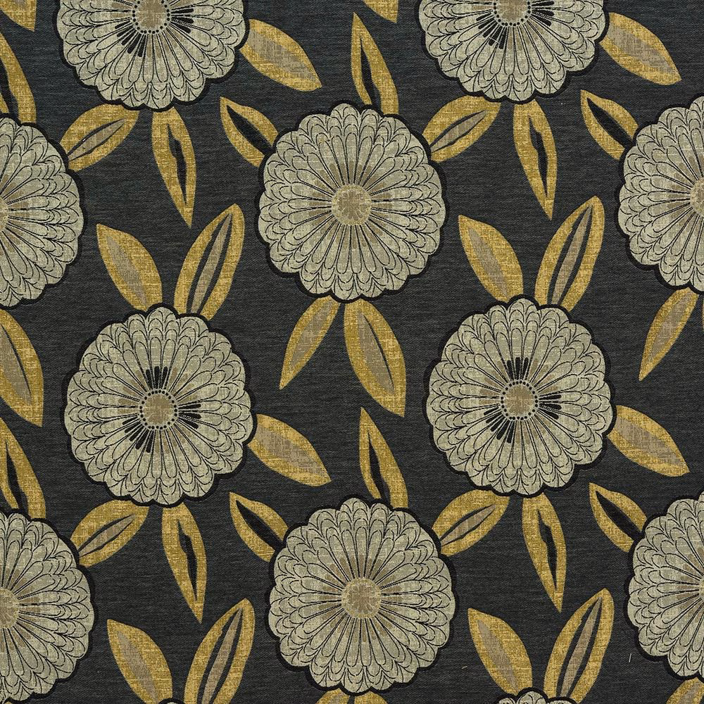 Charcoal floral fabric with pale round blooms and golden leaf motifs