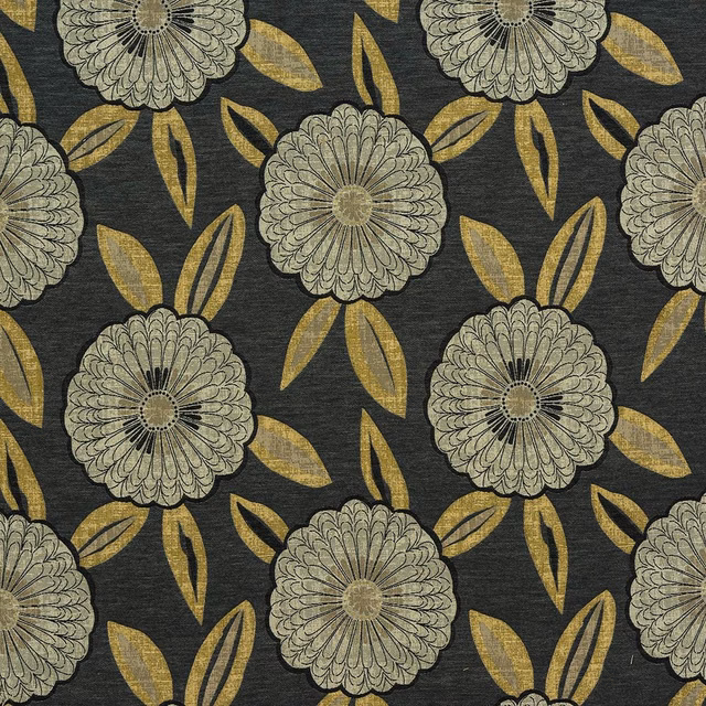 Charcoal floral fabric with pale round blooms and golden leaf motifs