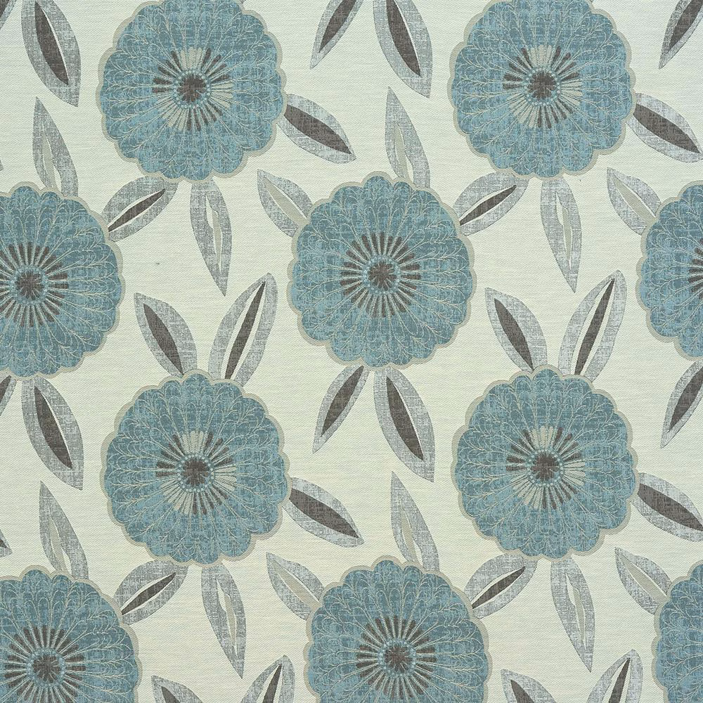 Duck-egg floral fabric with teal scalloped blooms and grey leaf motifs