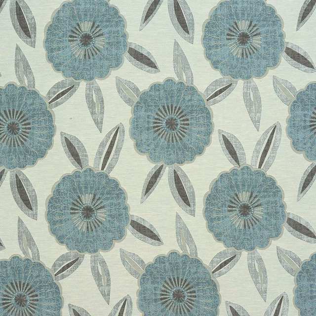 Duck-egg floral fabric with teal scalloped blooms and grey leaf motifs