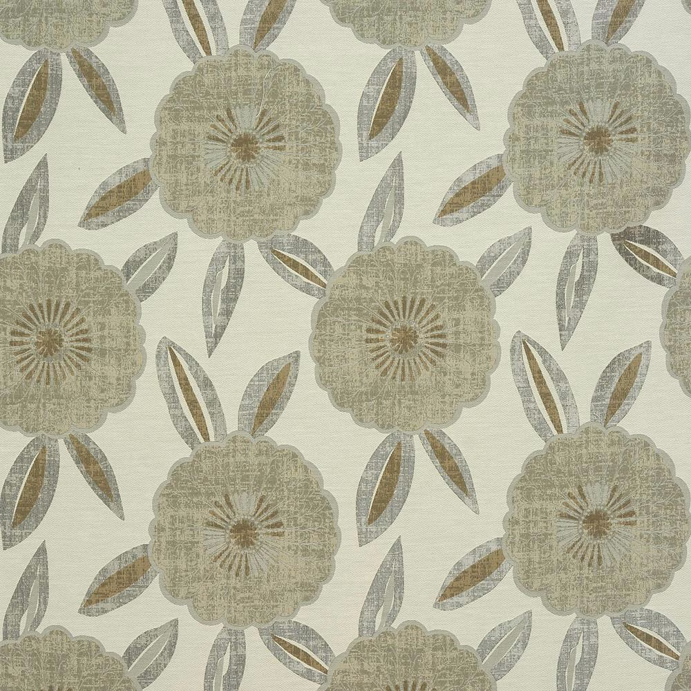 Muted cream floral fabric with scalloped blooms and taupe leaf motifs