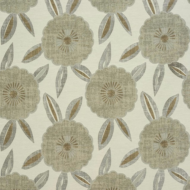 Muted cream floral fabric with scalloped blooms and taupe leaf motifs