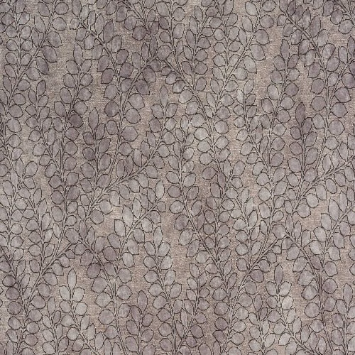 Muted taupe fabric with a trailing leaf vine pattern and fine dark outline