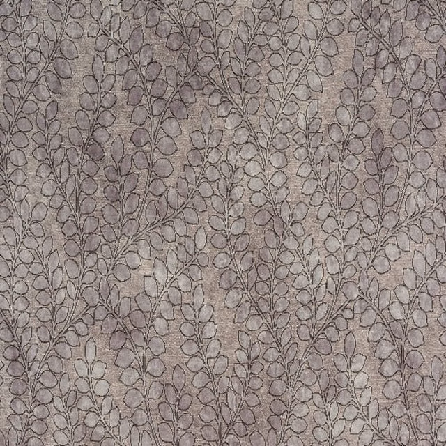 Muted taupe fabric with a trailing leaf vine pattern and fine dark outline