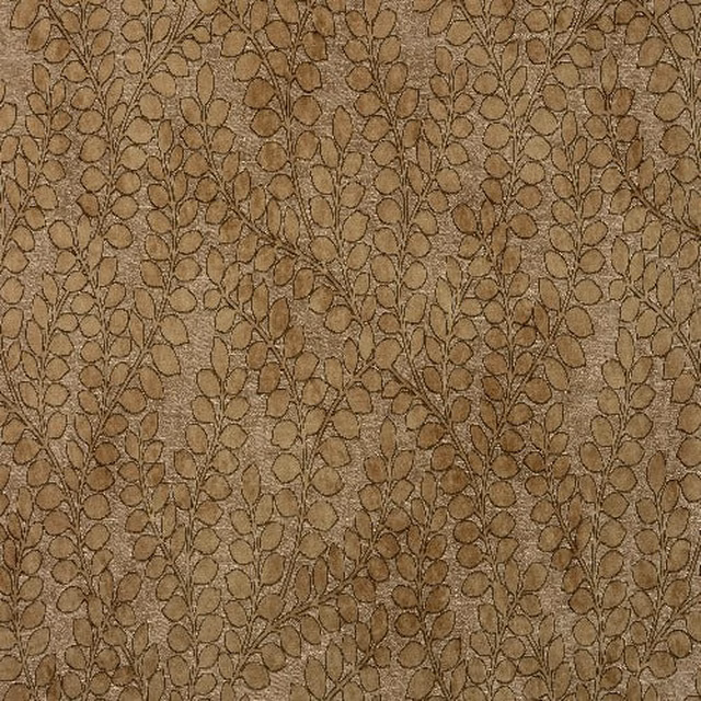 Ochre-brown leaf trail fabric with fine tonal outline pattern