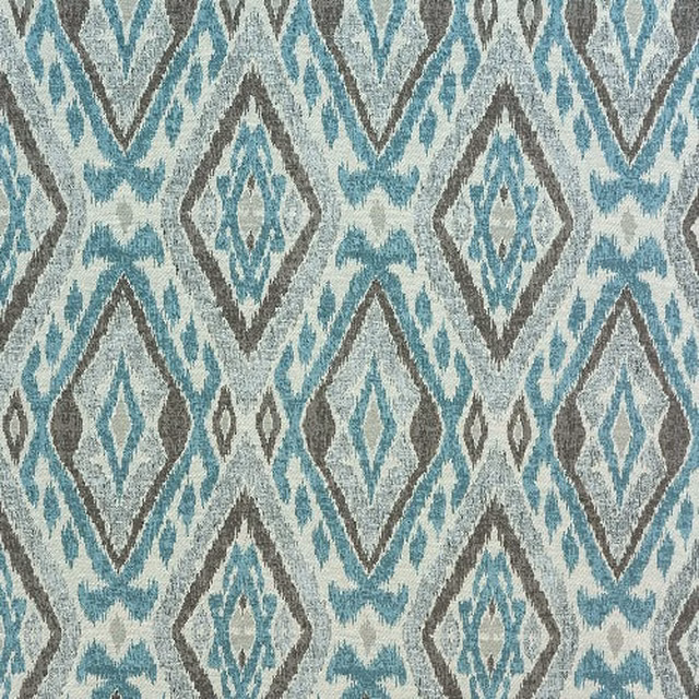 Duck-egg blue and taupe geometric diamond fabric with a woven texture