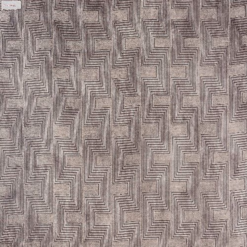 Warm taupe geometric woven fabric with maze-like linear pattern and textured ground