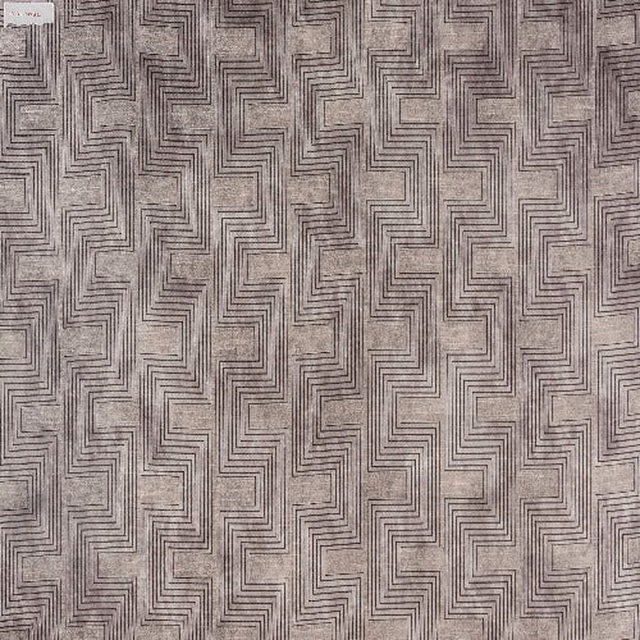 Warm taupe geometric woven fabric with maze-like linear pattern and textured ground