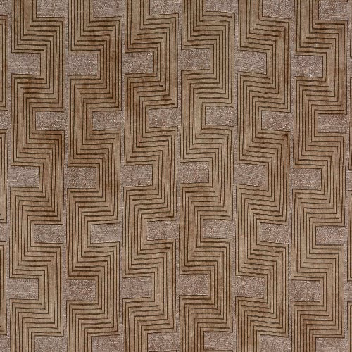 Ochre and brown geometric fabric with stepped maze stripes on a textured ground