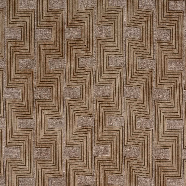 Ochre and brown geometric fabric with stepped maze stripes on a textured ground