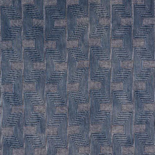 Blue-grey geometric fabric with stepped line pattern and mottled textured ground