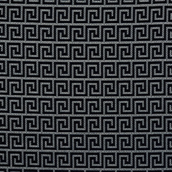 Close-up of a dark indigo Greek-key geometric woven fabric swatch