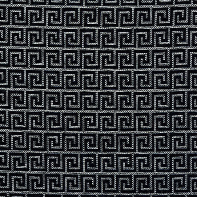 Close-up of a dark indigo Greek-key geometric woven fabric swatch