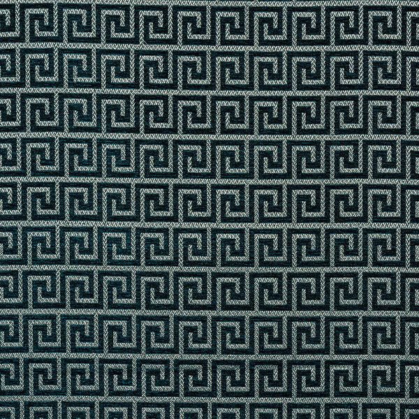 Close-up of deep teal Greek key woven fabric with small geometric repeat