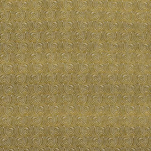 Ochre-gold fabric swatch with tight spiral geo pattern and pale outlines