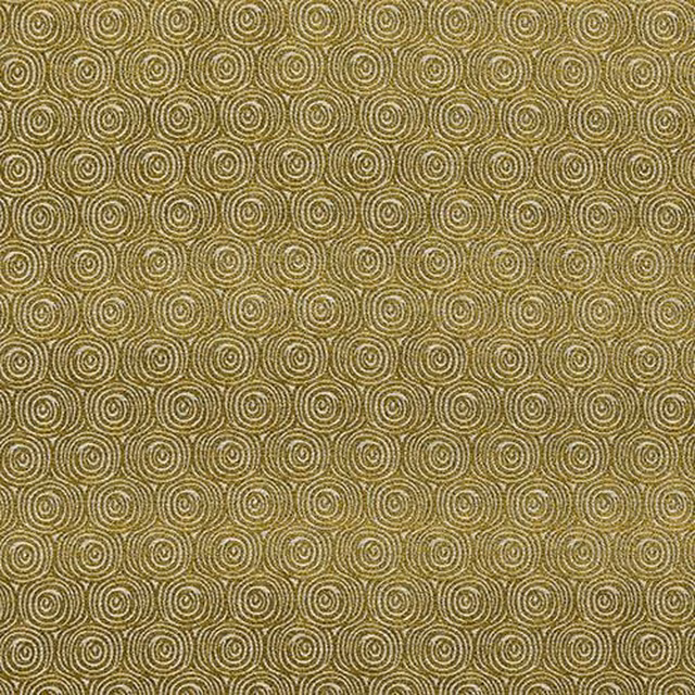Ochre-gold fabric swatch with tight spiral geo pattern and pale outlines