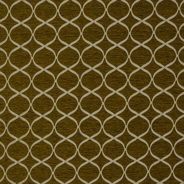 Ochre geometric trellis fabric with pale looping lattice on a textured ground