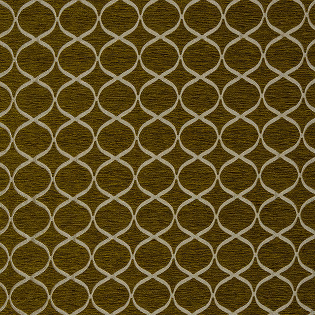 Ochre geometric trellis fabric with pale looping lattice on a textured ground
