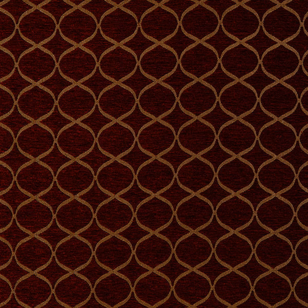 Deep red woven fabric with gold linked-circle trellis pattern