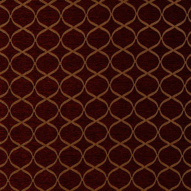 Deep red woven fabric with gold linked-circle trellis pattern