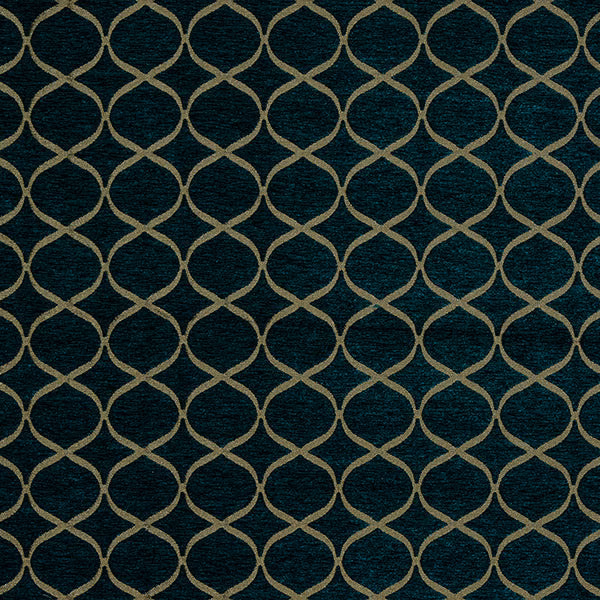 Dark teal geometric fabric with a taupe linked trellis pattern